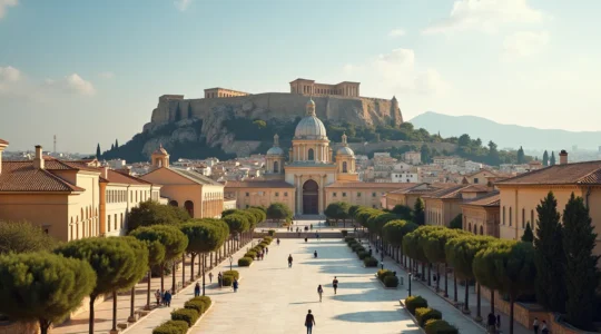 Scène panoramique de sites emblématiques grecs anciens et modernes, éclairage naturel, sans texte ou logo