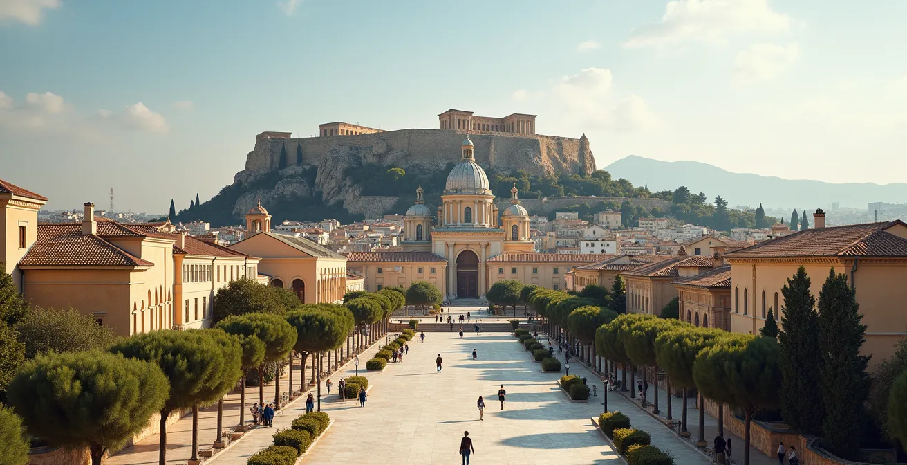 Scène panoramique de sites emblématiques grecs anciens et modernes, éclairage naturel, sans texte ou logo