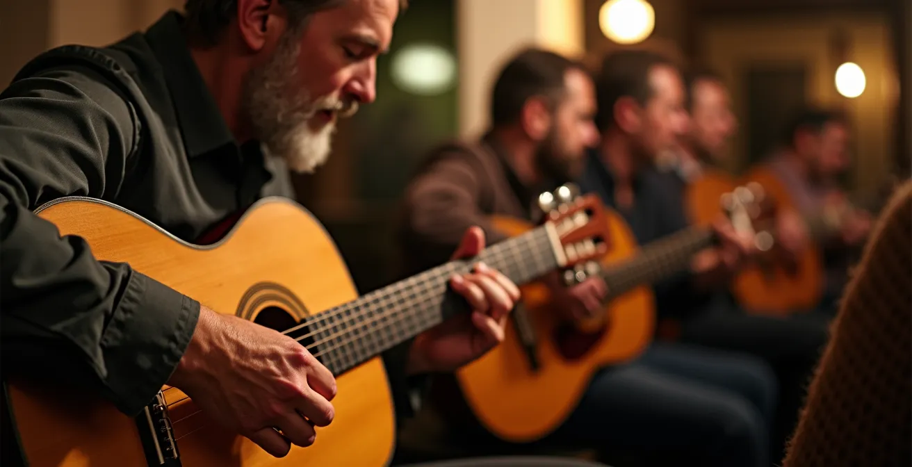 Intérieur chaleureux d’une taverne grecque avec musiciens et convives, sans texte ou logo