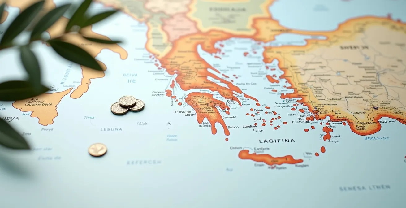 Mappe minimaliste de la Grèce montrant villes et routes principales, aucune écriture lisible